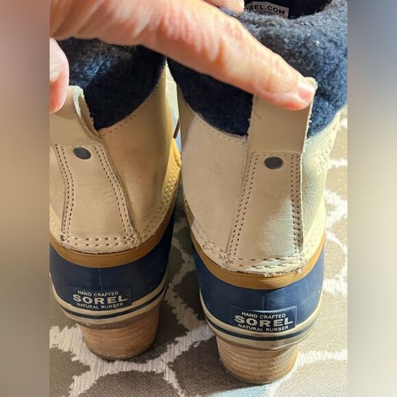 SOREL winter boots navy/tan, quilted, cozy snow/ rain winter boot. Size 8M-great - Picture 4 of 12